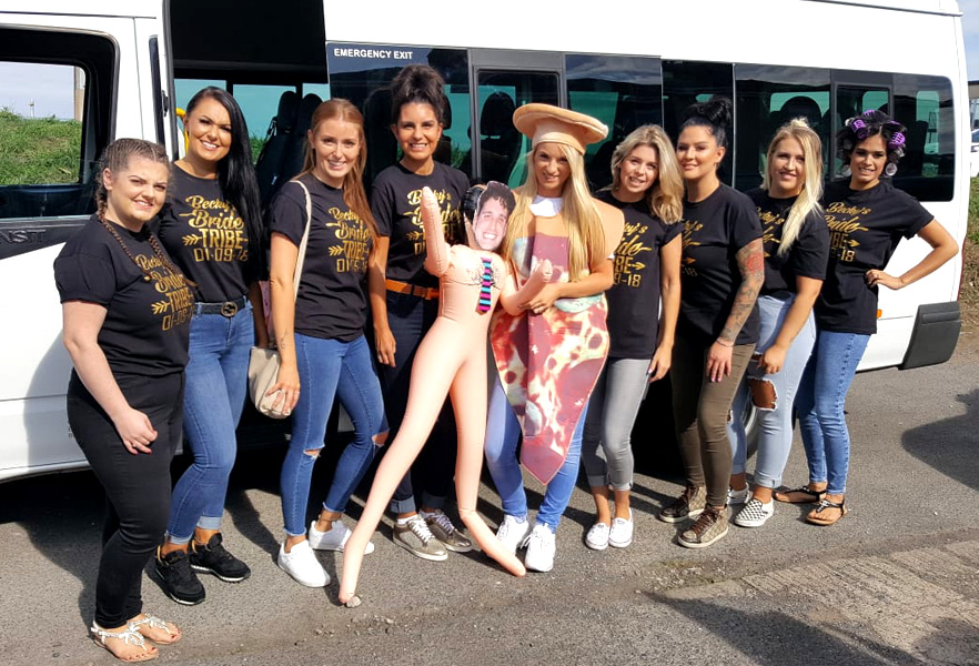 Hen do passengers ready to enjoy their trip on a 16 seater with Blackpool Minibuses. Instant quote online.